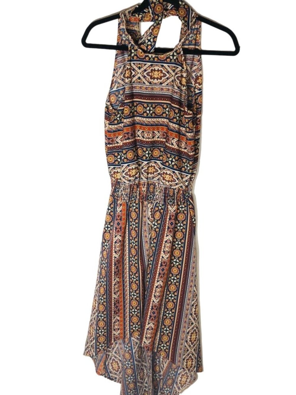 Sucnefas high low dress graphic tie around neck brown v-back sleeve size 8 READ